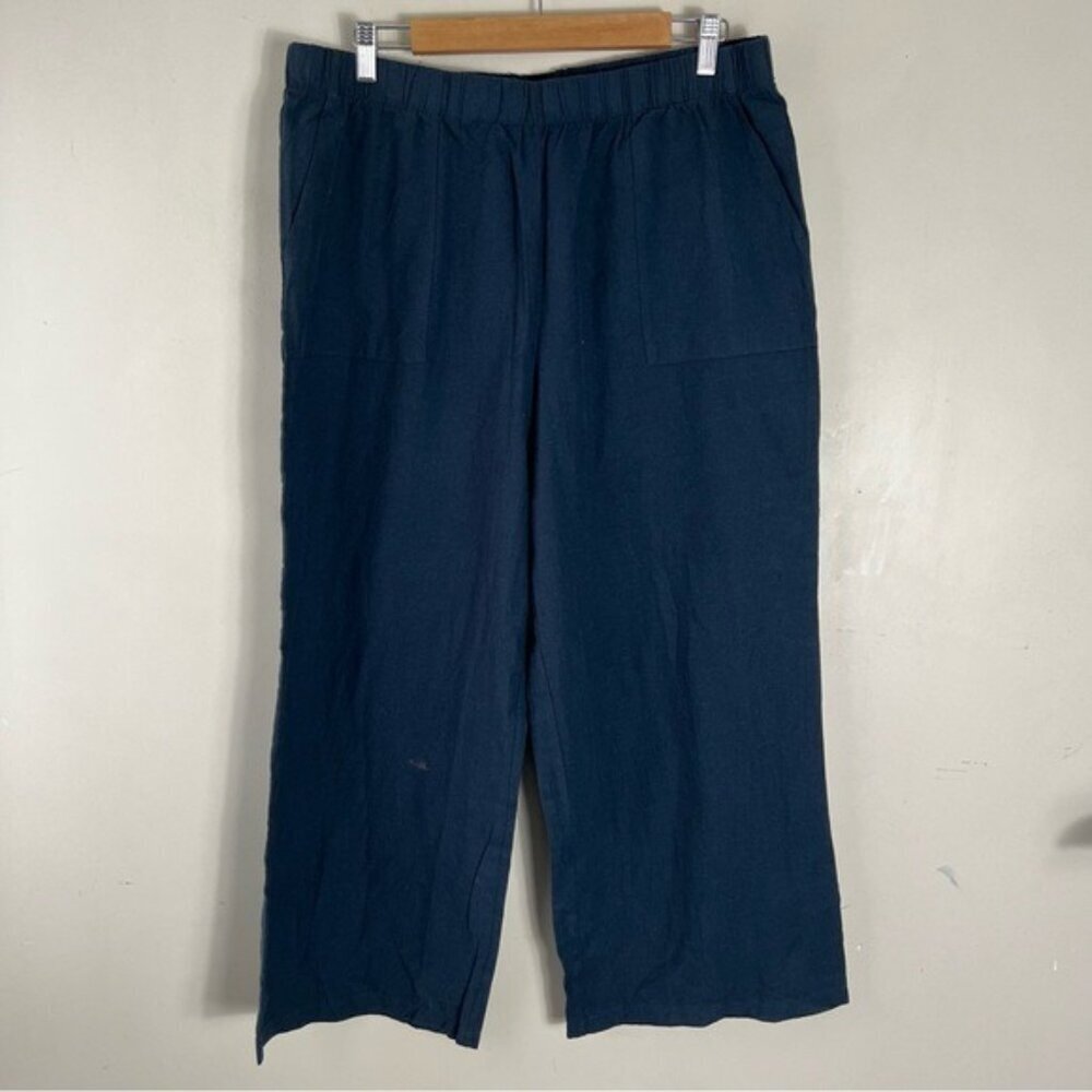 Felina Blue wide leg cropped Linen Cotton Blend Pull On  Pant Lagenlook SZ Large